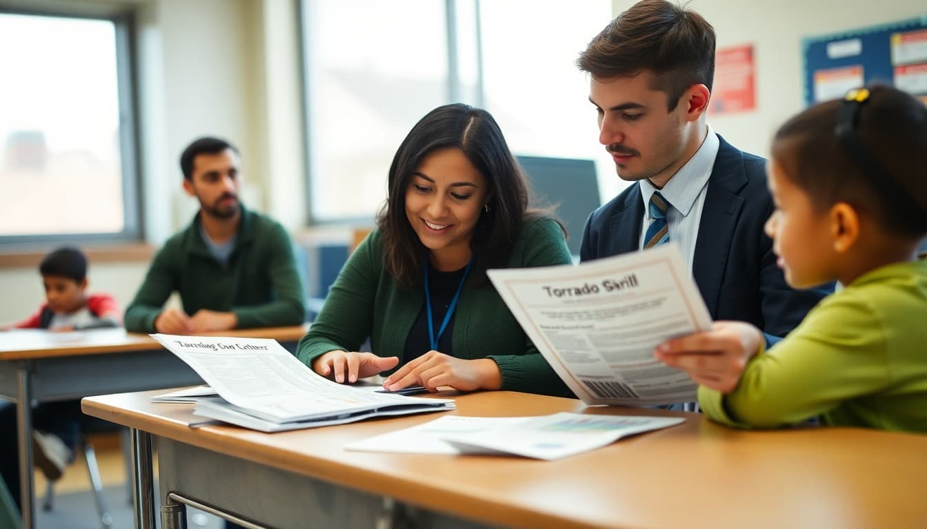 Georgia school safety coordinator reviewing tornado drill procedures and family newsletter at a school desk