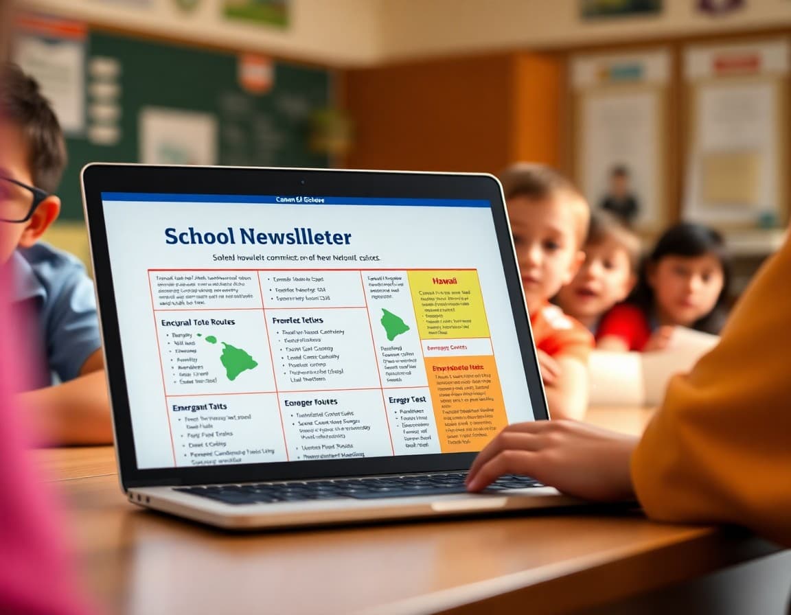 School safety newsletter template on a laptop showing Hawaii tsunami evacuation routes and emergency contacts