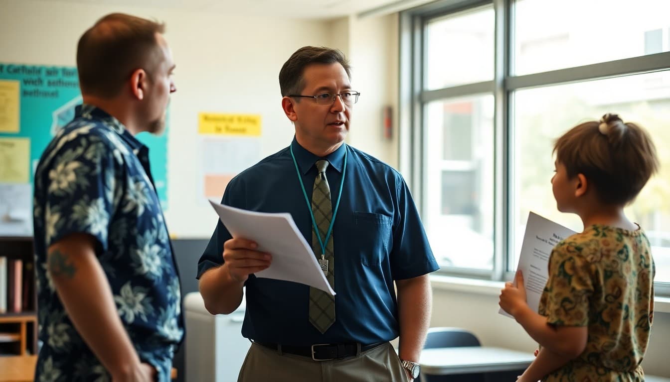 Hawaii school principal reviewing tsunami evacuation and emergency communication plans at a school office