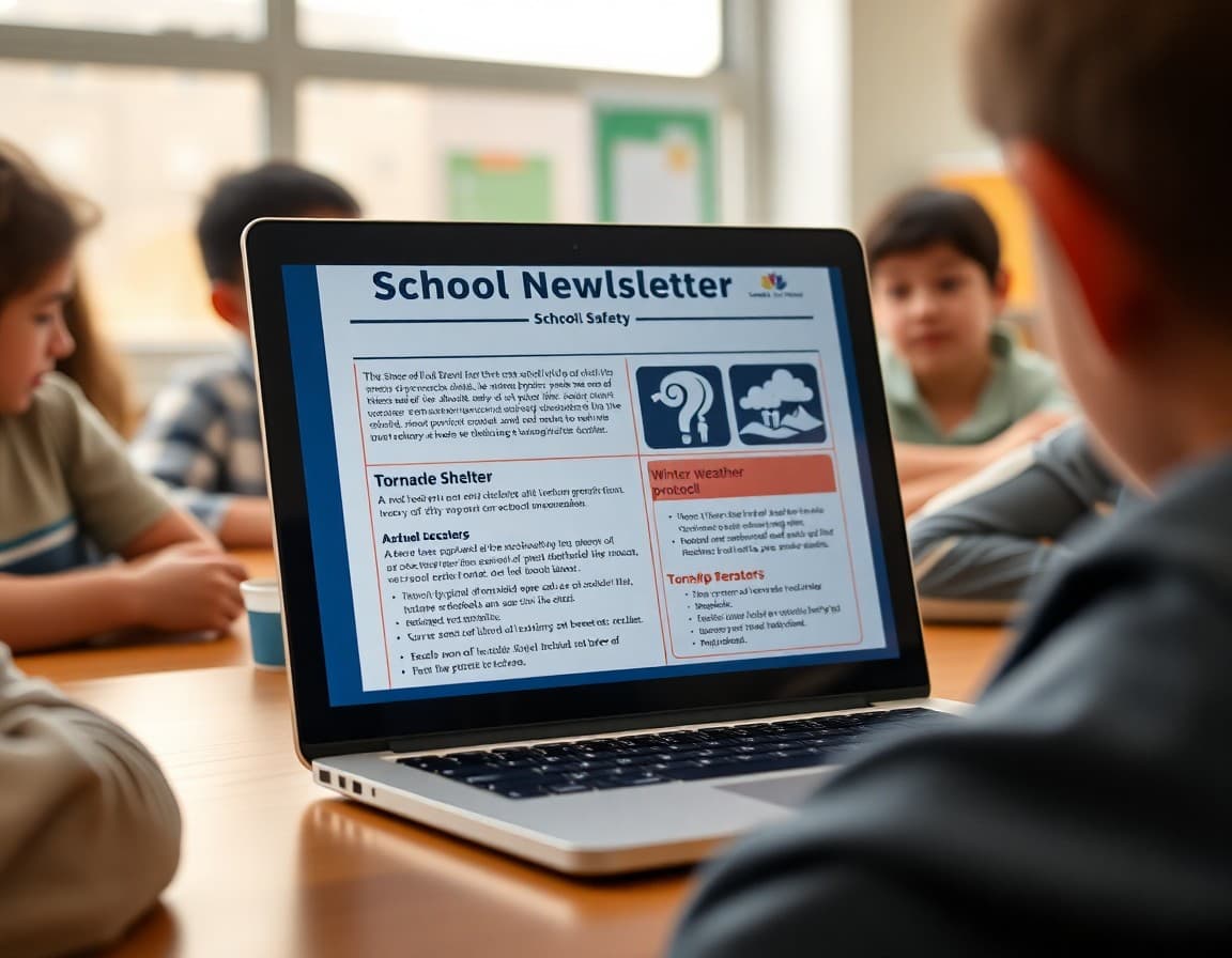 School safety newsletter template on a laptop showing Iowa tornado shelter and winter weather protocol sections