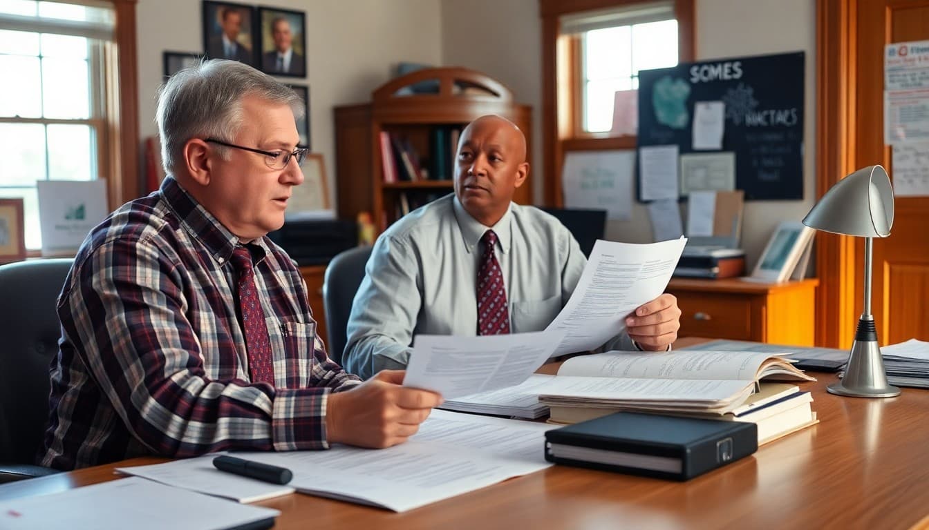 Iowa school principal reviewing severe weather and safety communication plans at a rural school office desk