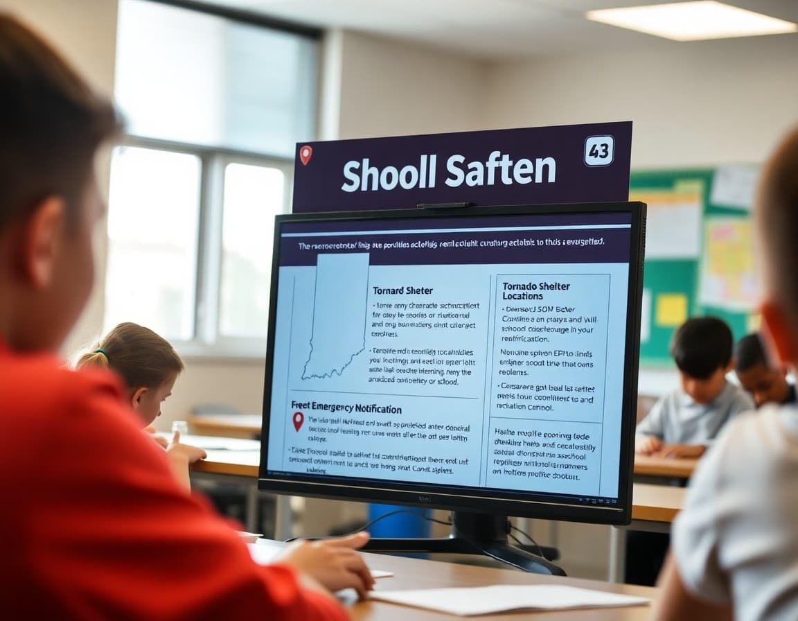 School safety newsletter template on a screen showing Indiana tornado shelter locations and emergency notification details