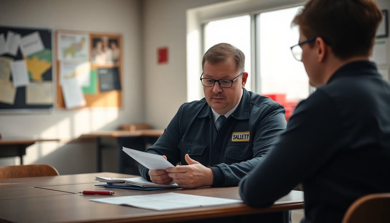 Indiana school safety coordinator reviewing tornado drill and family communication plans at a school desk