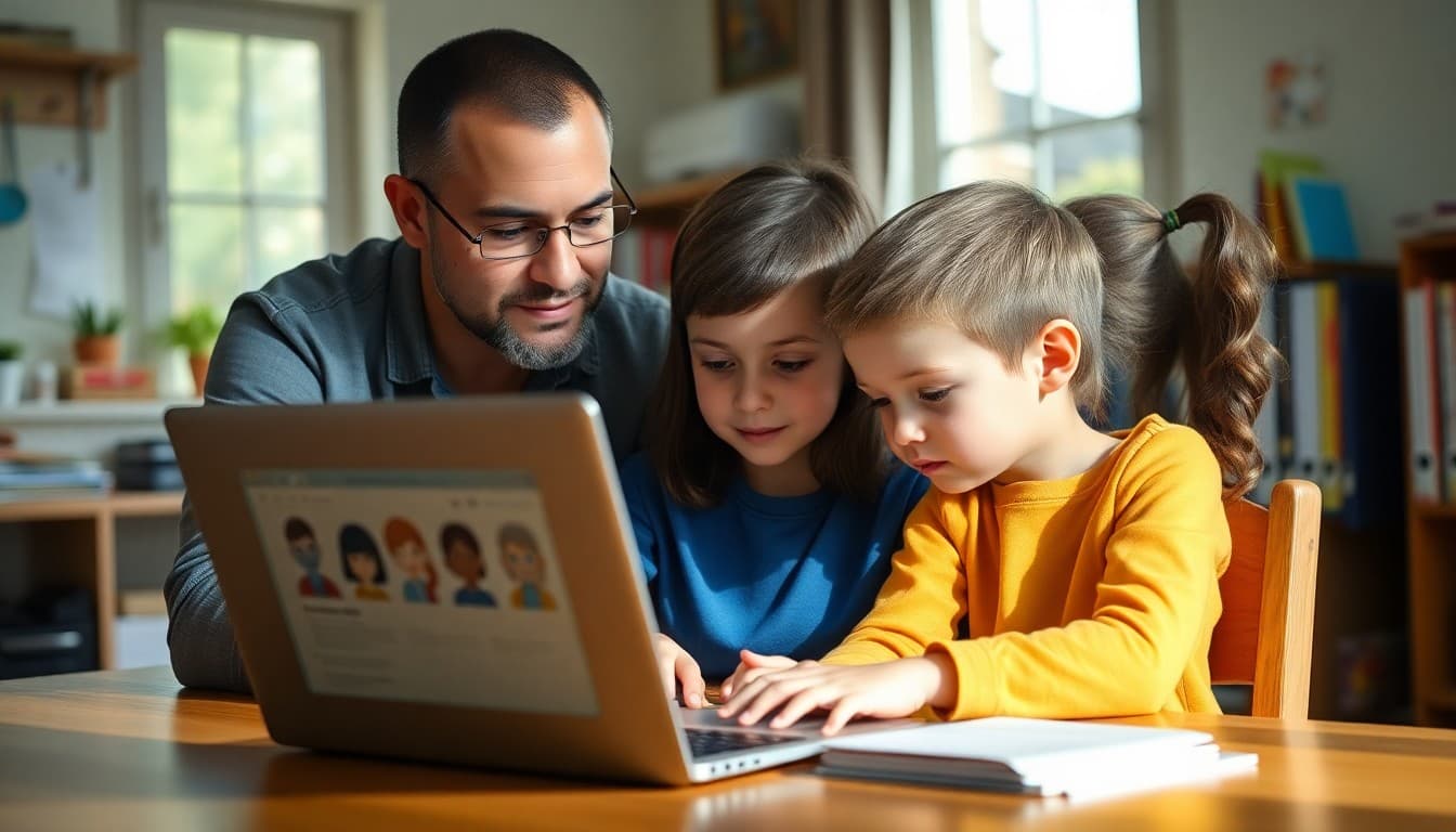 Parent and child reviewing internet safety guidelines on a laptop at home