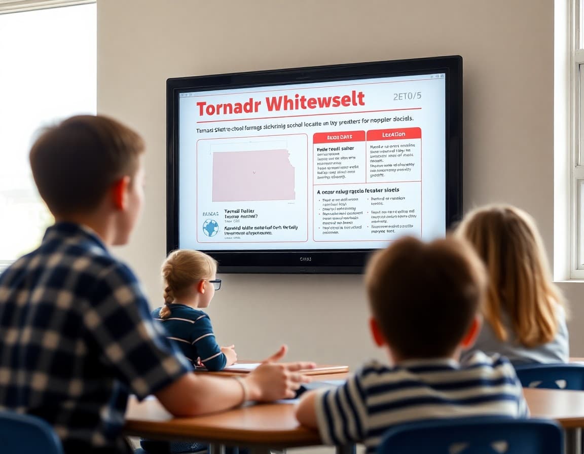 School safety newsletter template showing Kansas tornado shelter locations and severe weather protocols on a screen