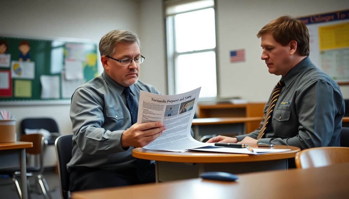 Kansas school principal reviewing tornado preparedness and safety newsletter communication at a school desk