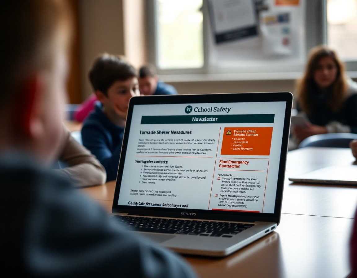 School safety newsletter on a laptop showing Kentucky tornado shelter procedures and flood emergency contacts