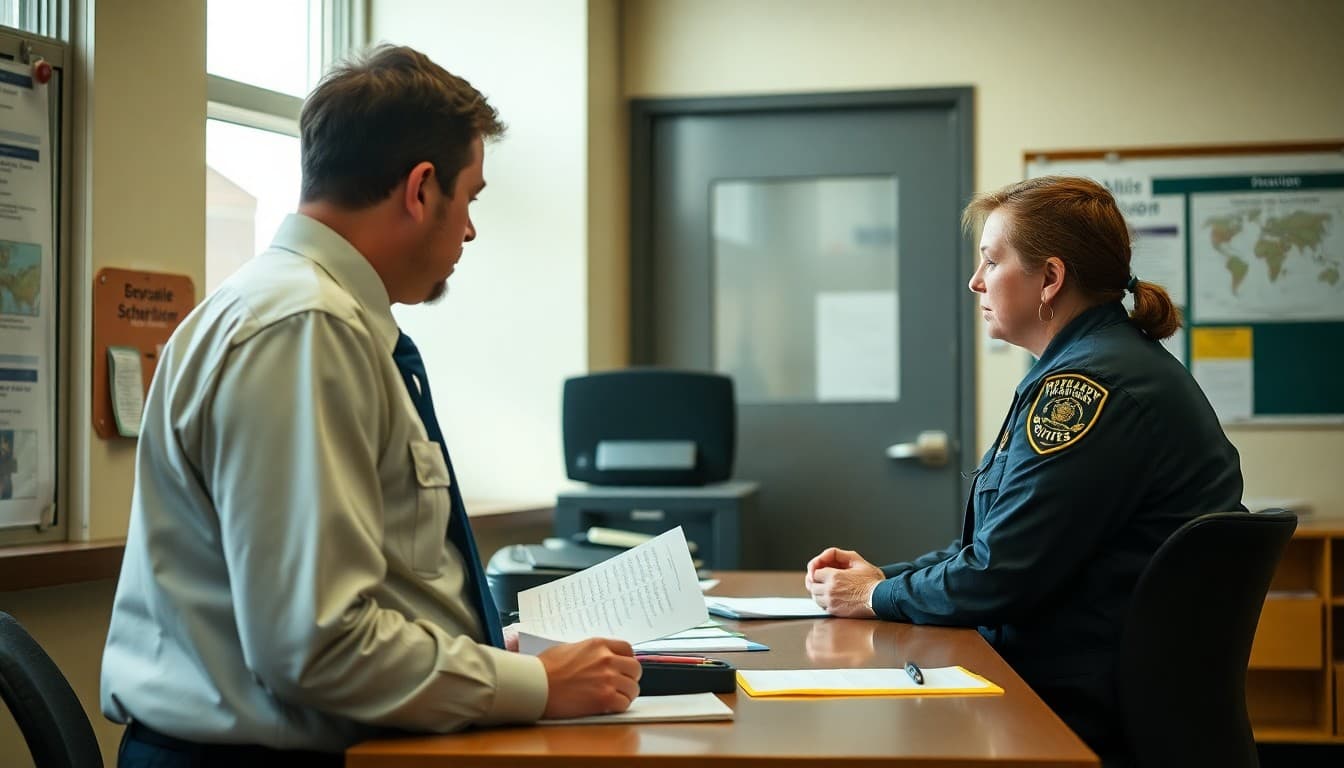 Kentucky school safety coordinator reviewing tornado and flood emergency procedures at a school office desk