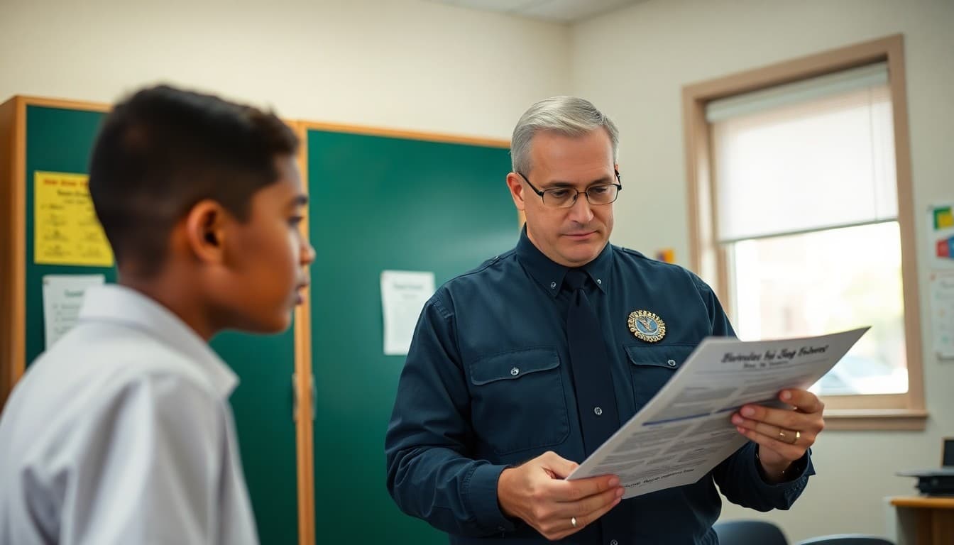 Louisiana school principal reviewing hurricane preparedness and emergency communication documents at a school office