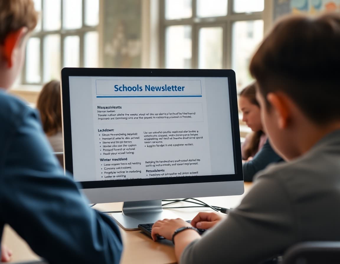 School safety newsletter template on a computer showing Massachusetts lockdown and winter weather protocol sections