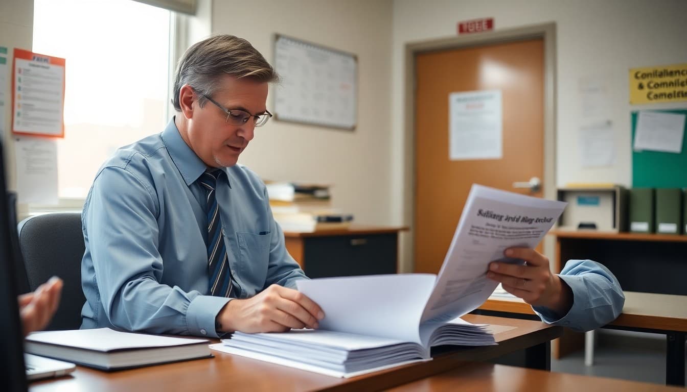 Massachusetts school principal reviewing emergency communication and safety plan documents at a school office desk