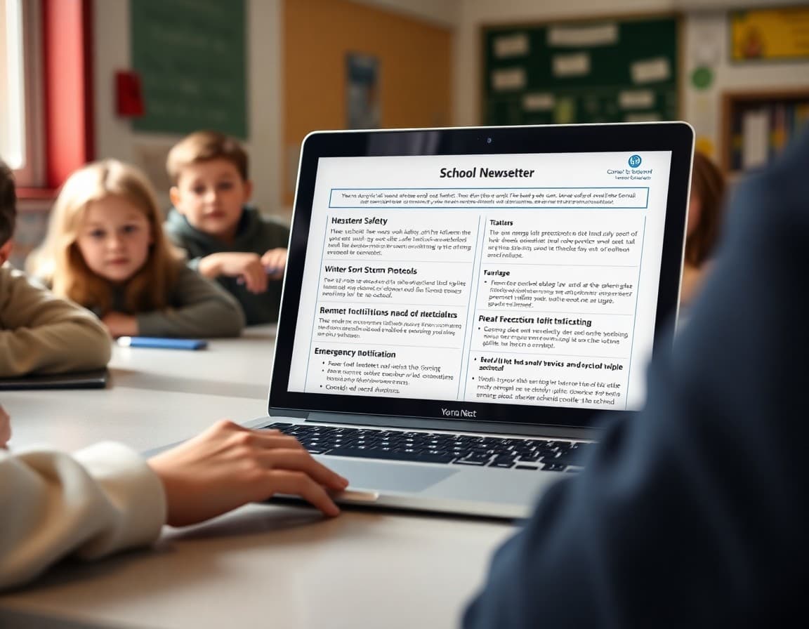 School safety newsletter template on a laptop showing Maine winter storm protocols and emergency notification sections
