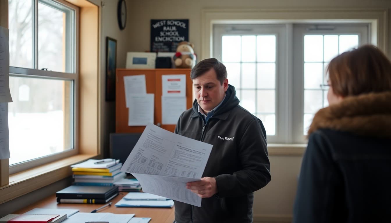 Maine school principal reviewing winter weather and emergency communication plans at a rural school office