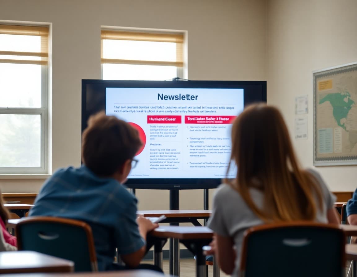 School safety newsletter template on a screen showing North Carolina hurricane closure and tornado shelter sections