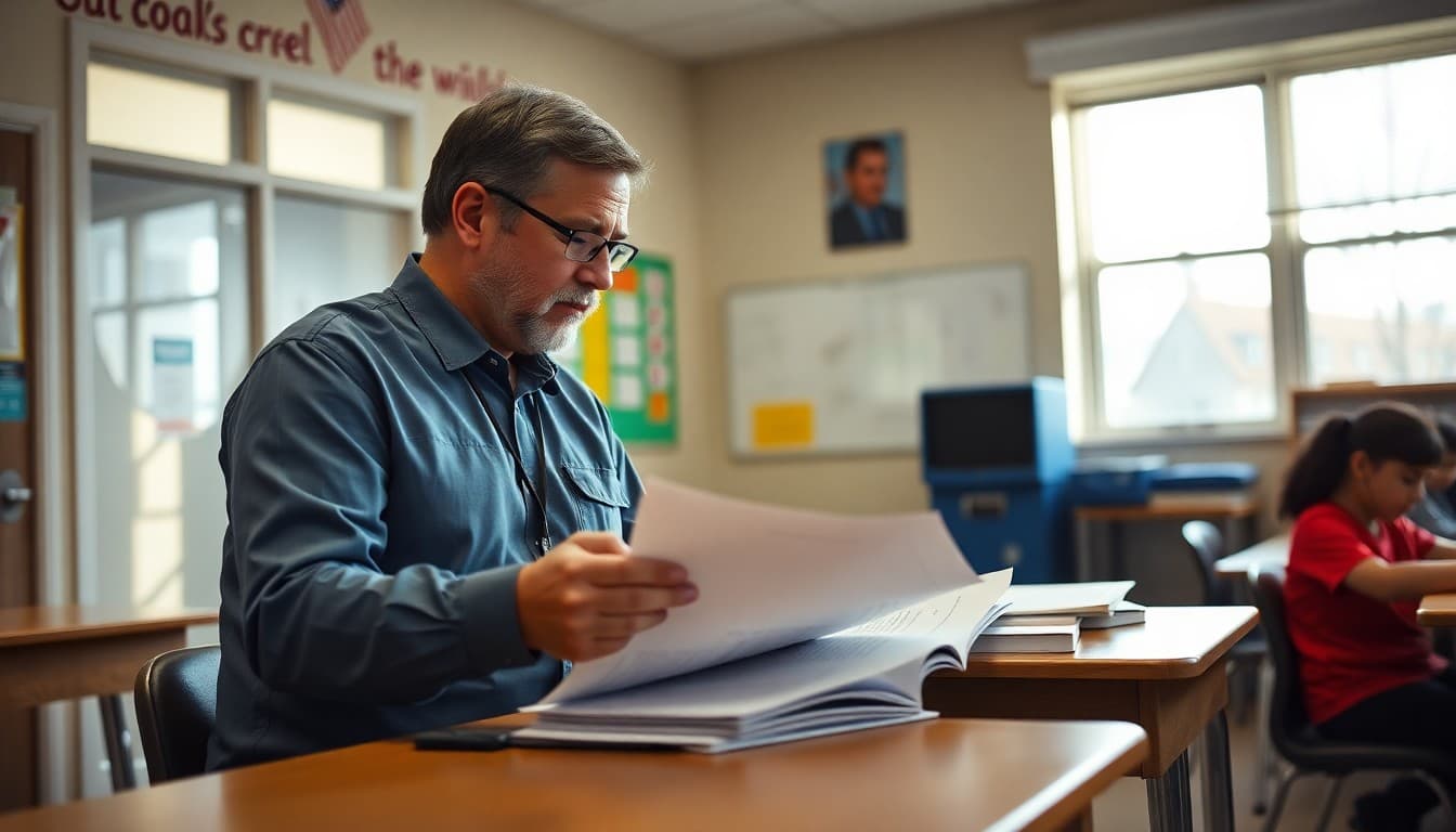 North Carolina school safety coordinator reviewing hurricane and tornado drill communication plans at a school desk