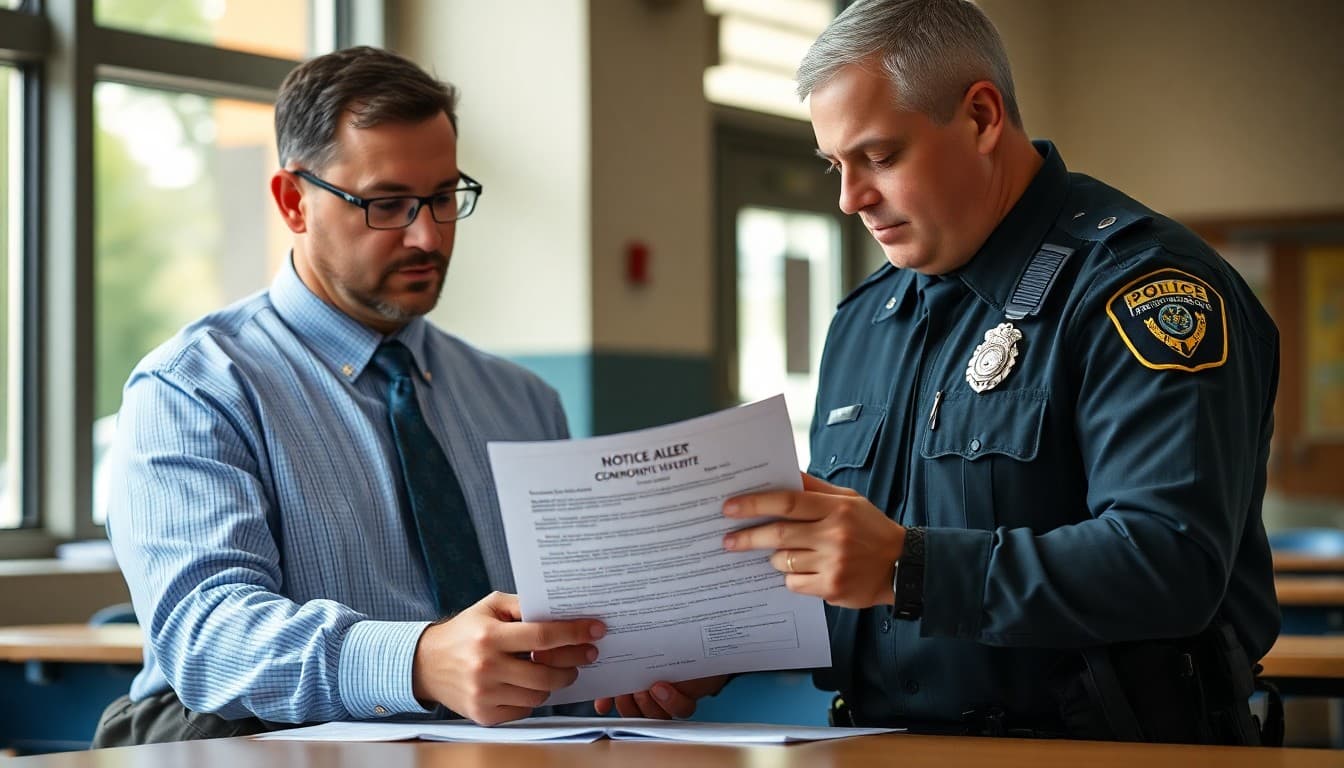 School principal reviewing a police community alert notice with the school resource officer