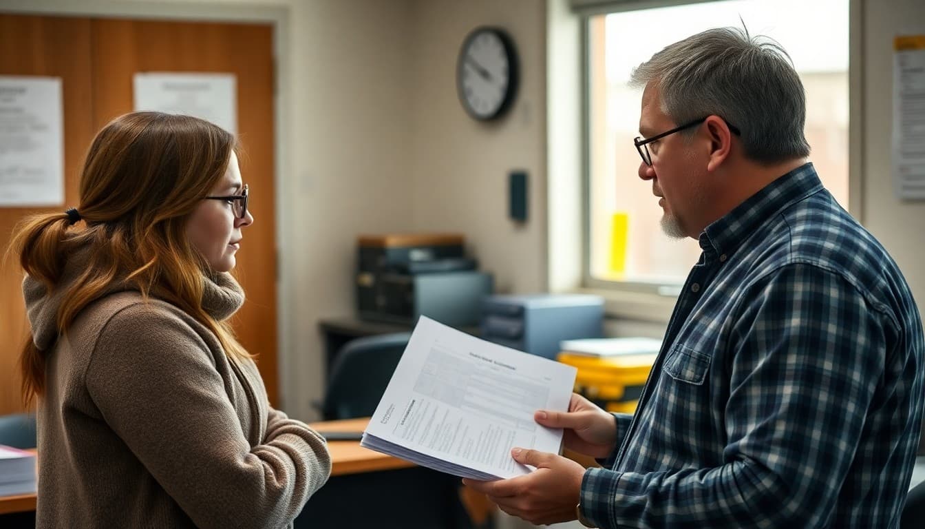 New Hampshire school principal reviewing winter storm safety communication and emergency drill plans at a school office