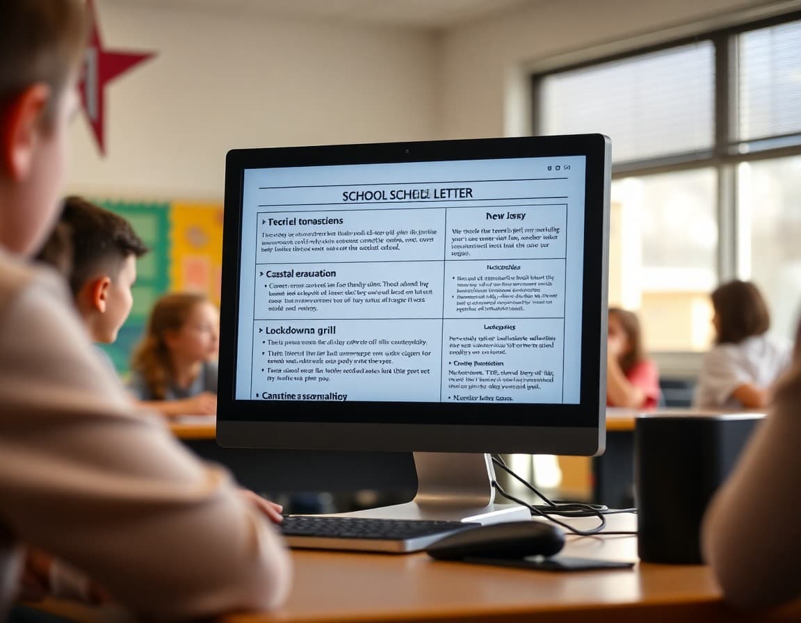 School safety newsletter template on a computer showing New Jersey coastal evacuation and lockdown drill sections