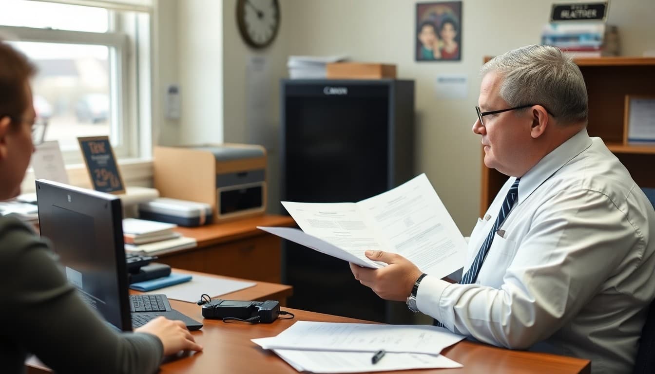 New Jersey school principal reviewing coastal storm and safety communication plans at a school office desk