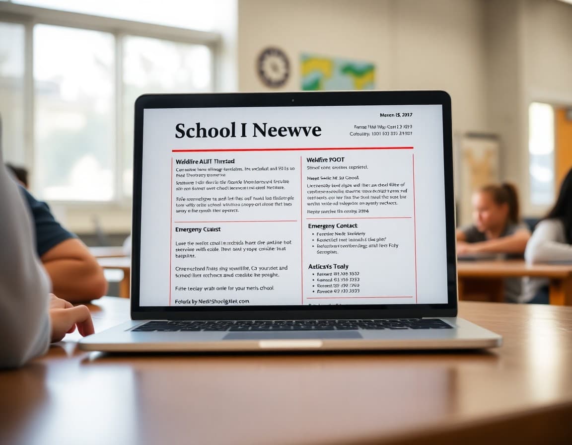 School safety newsletter template on a laptop showing New Mexico wildfire AQI threshold and emergency contact sections