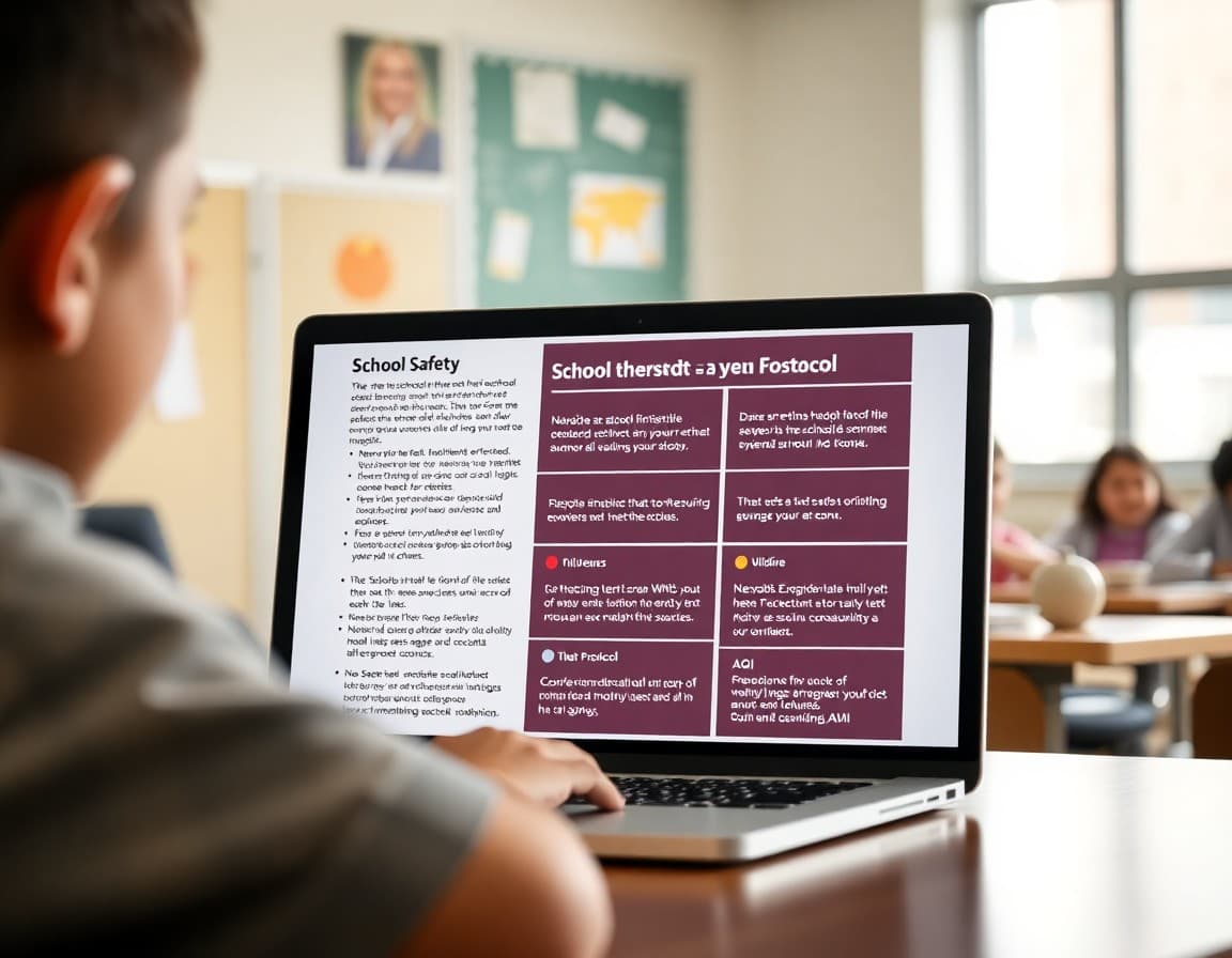 School safety newsletter template on a laptop showing Nevada heat threshold and wildfire AQI protocol sections