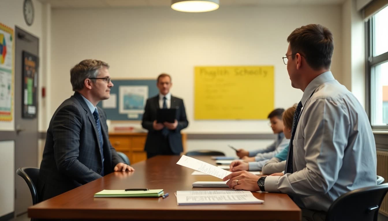 New York school principal reviewing safety communication and emergency drill plans at a school conference room