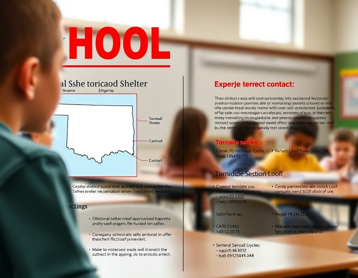 School safety newsletter template showing Oklahoma tornado shelter map and emergency notification contact sections