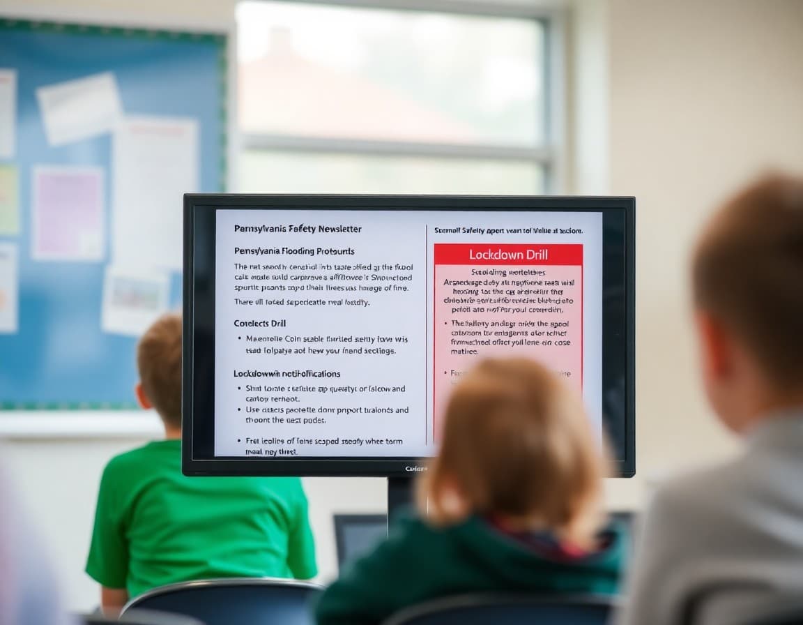 School safety newsletter template on a screen showing Pennsylvania flooding protocols and lockdown drill notification sections