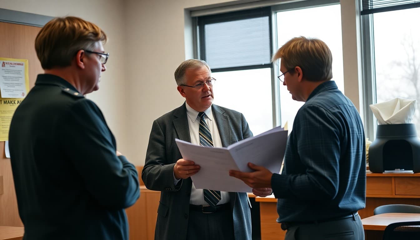 Pennsylvania school principal reviewing flood emergency and safety communication plans at a school office