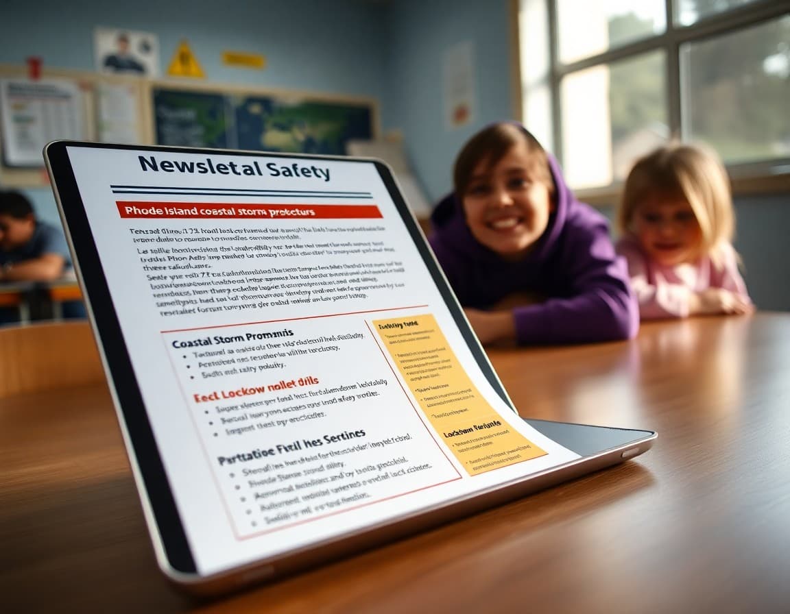 School safety newsletter template on a laptop showing Rhode Island coastal storm protocols and lockdown drill sections
