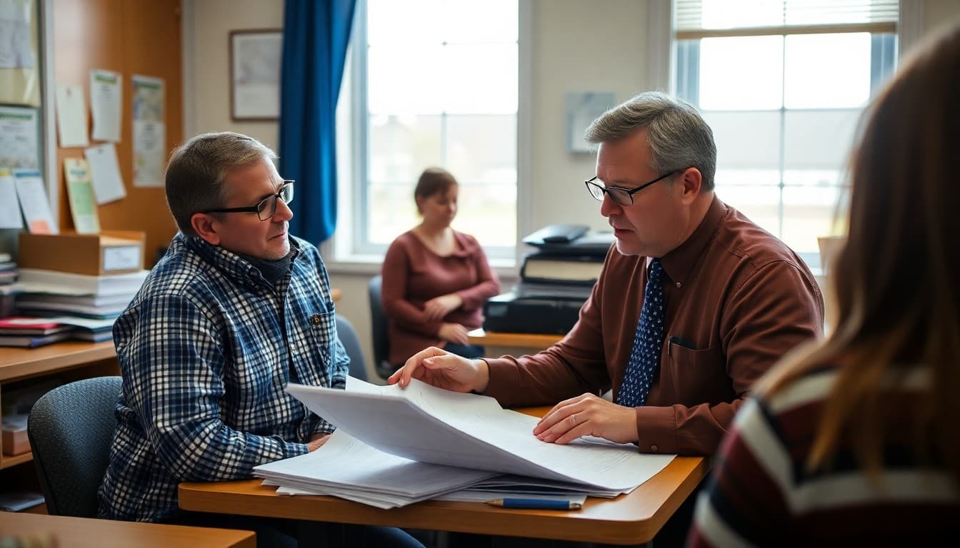 Rhode Island school principal reviewing coastal storm and safety communication plans at a school office