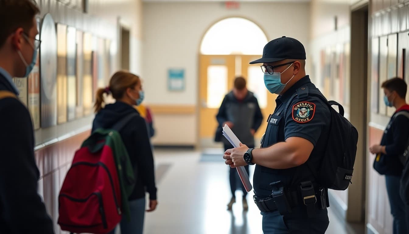School security officer conducting bag check at school entrance for student safety