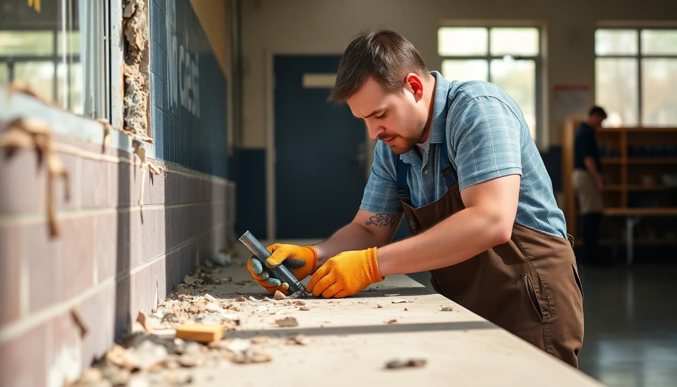 School maintenance worker repairing vandalized property on school grounds