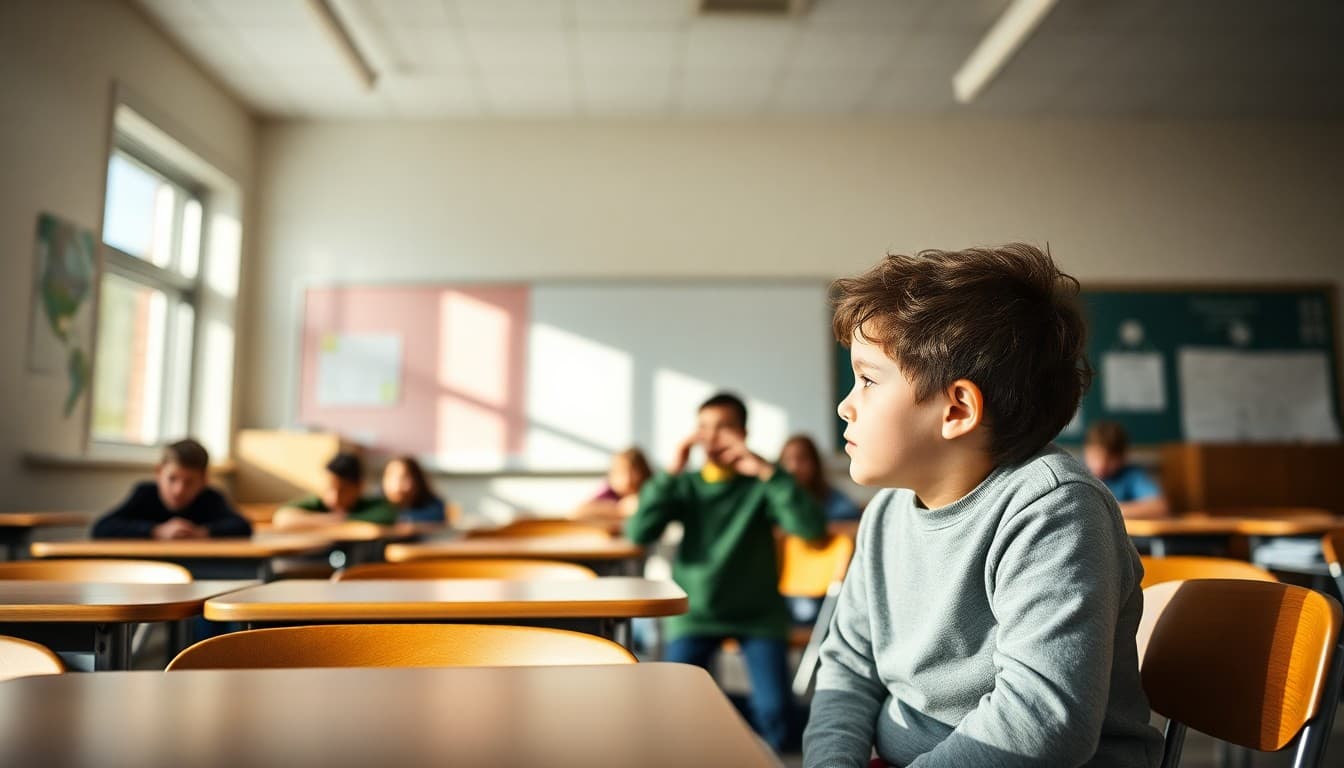 Students practicing shelter-in-place drill in interior school classroom during safety training