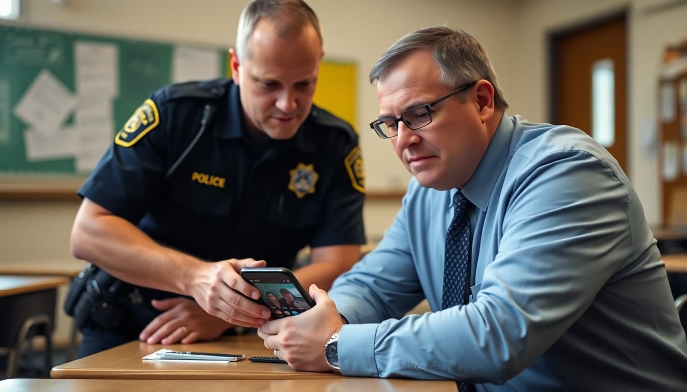 School resource officer and principal reviewing a social media screenshot on a phone