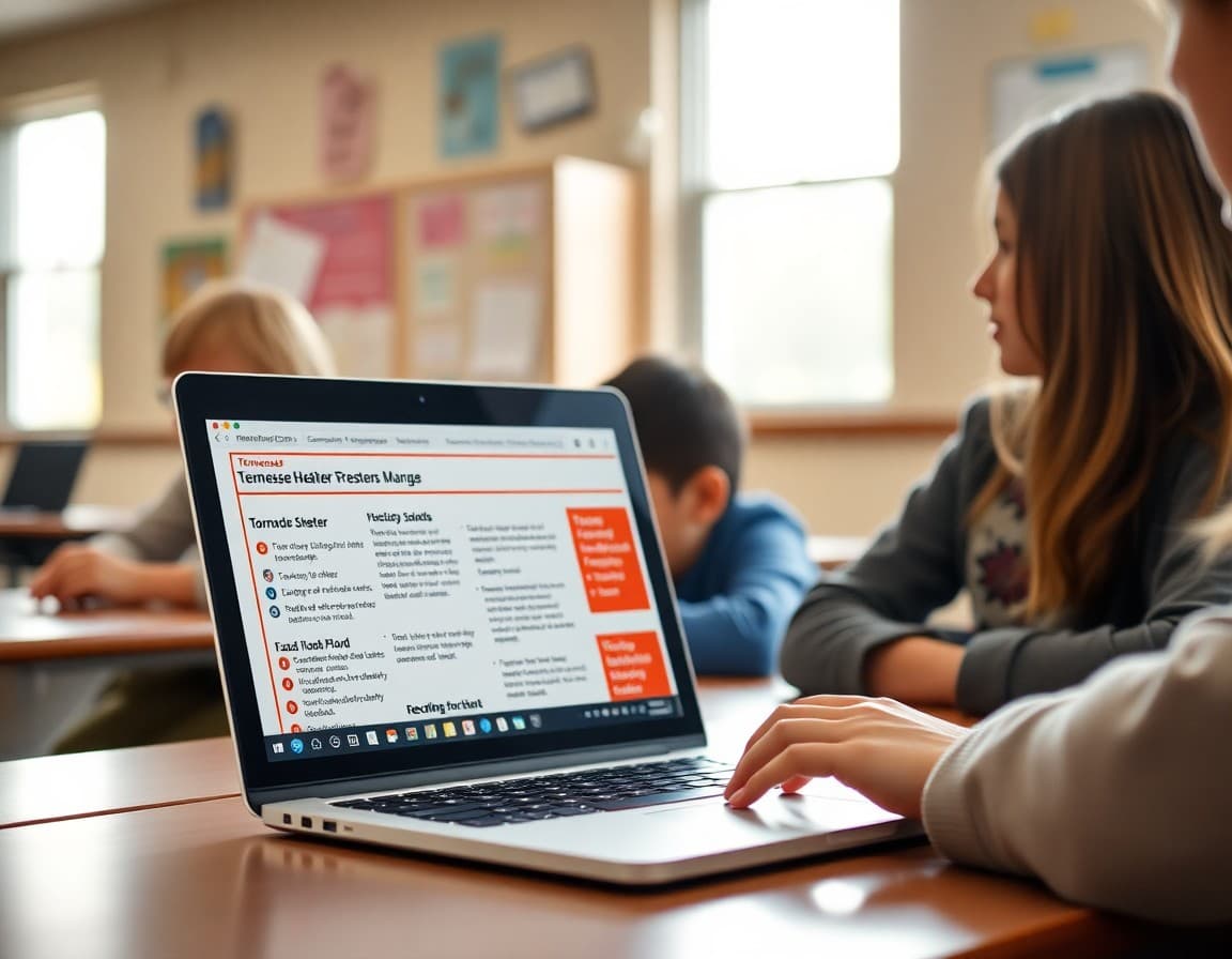 School safety newsletter on a laptop showing Tennessee tornado shelter procedures and flash flood emergency sections