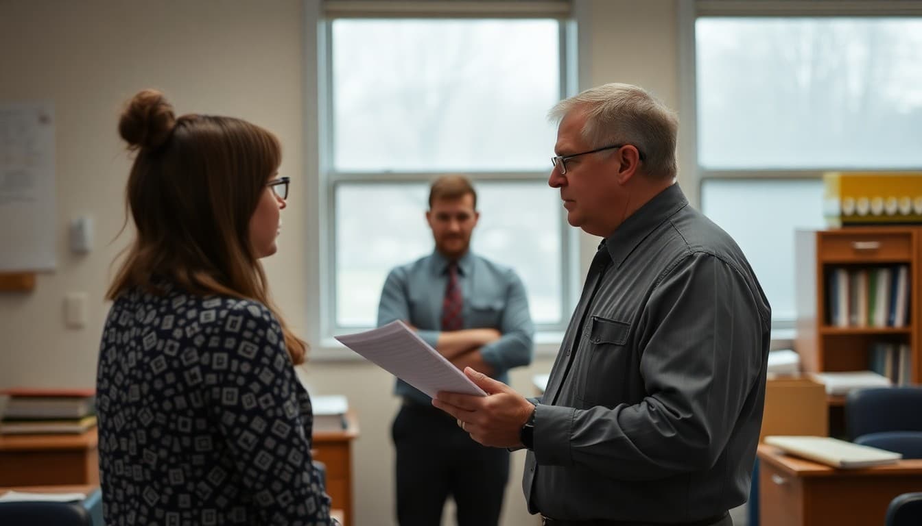 Tennessee school principal reviewing tornado drill and flood emergency communication plans at a school office