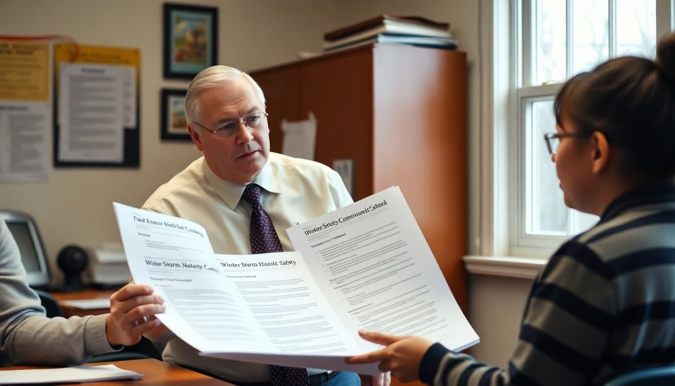 Vermont school principal reviewing flood emergency and winter storm safety communication plans at a school office