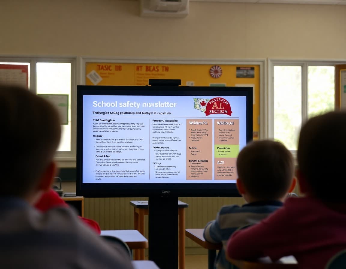 School safety newsletter template on a screen showing Washington earthquake evacuation procedures and wildfire AQI sections