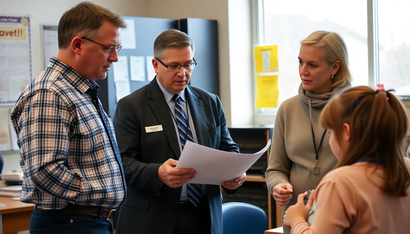 Washington state school principal reviewing earthquake drill and wildfire safety communication plans at a school office