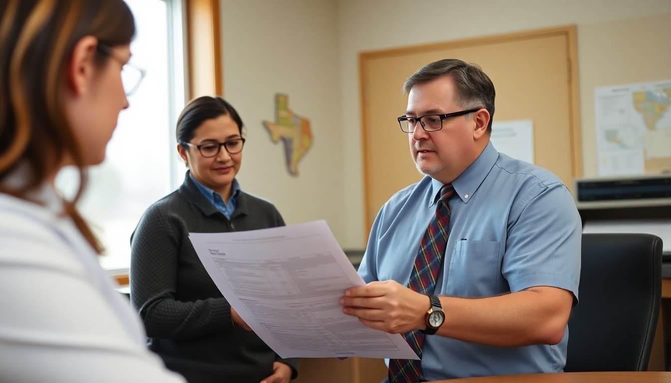 Wisconsin school principal reviewing blizzard and tornado safety communication plans at a school office