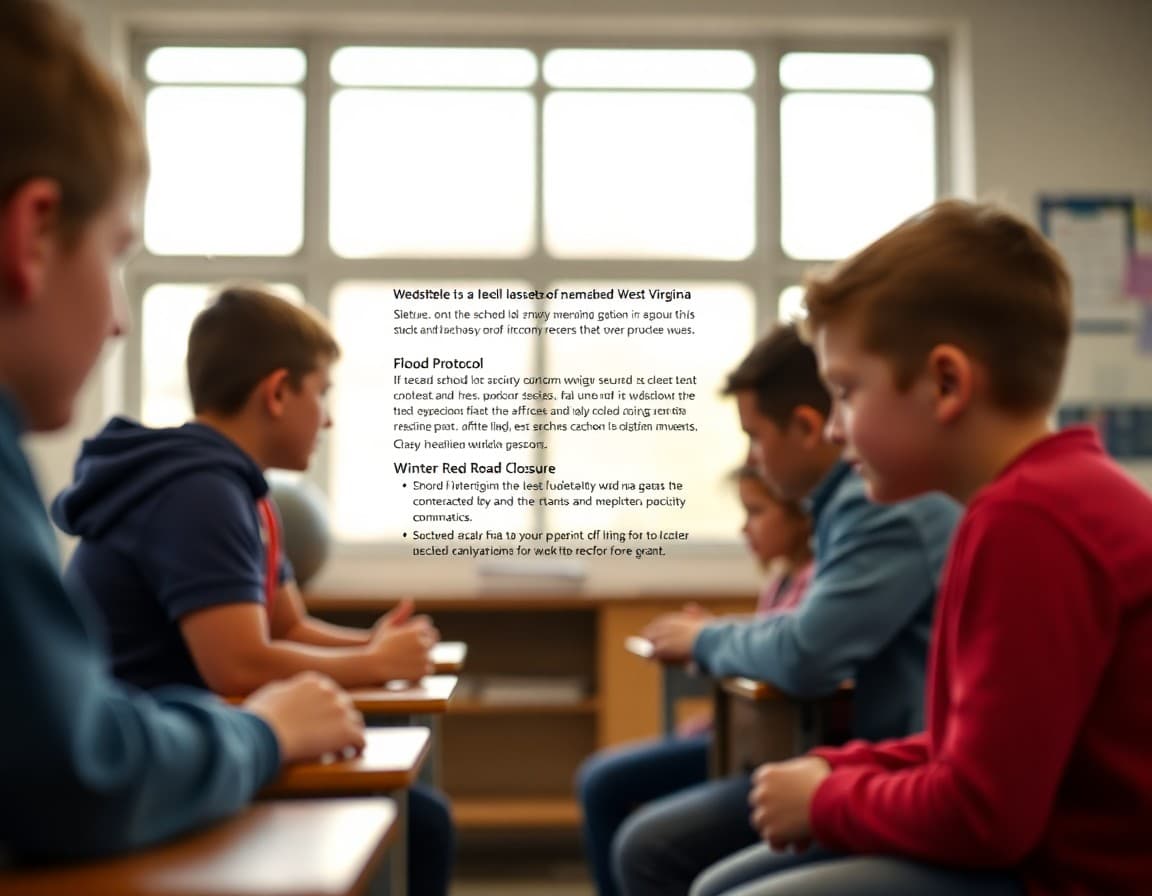 School safety newsletter template showing West Virginia flood protocol and winter road closure communication sections