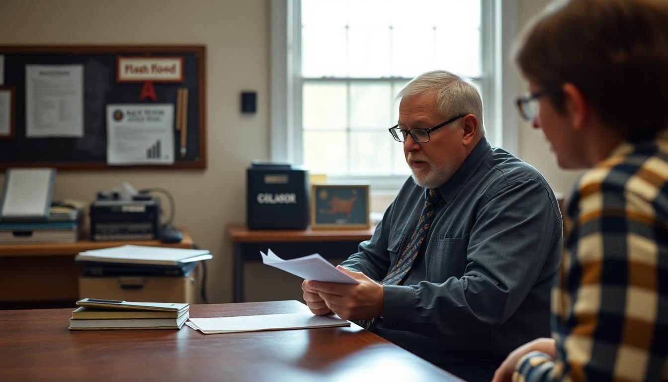 West Virginia school principal reviewing flash flood and mountain road safety communication at a rural school office