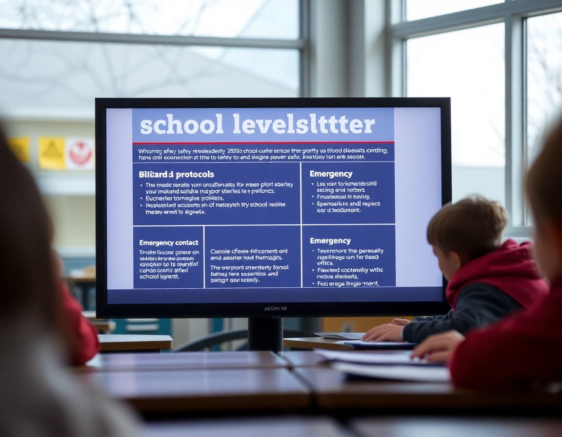 School safety newsletter template on a screen showing Wyoming blizzard protocols and emergency contact sections