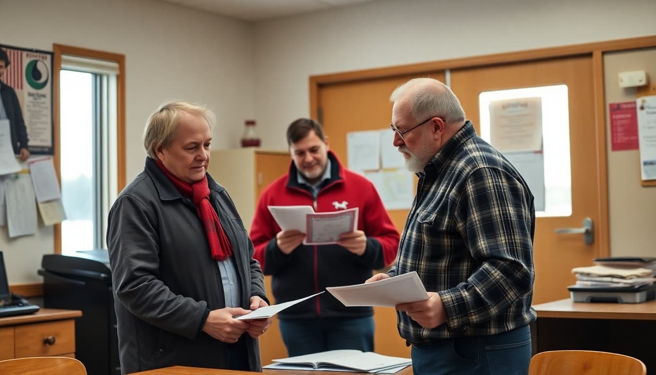 Wyoming school principal reviewing blizzard preparedness and safety communication plans at a rural school office