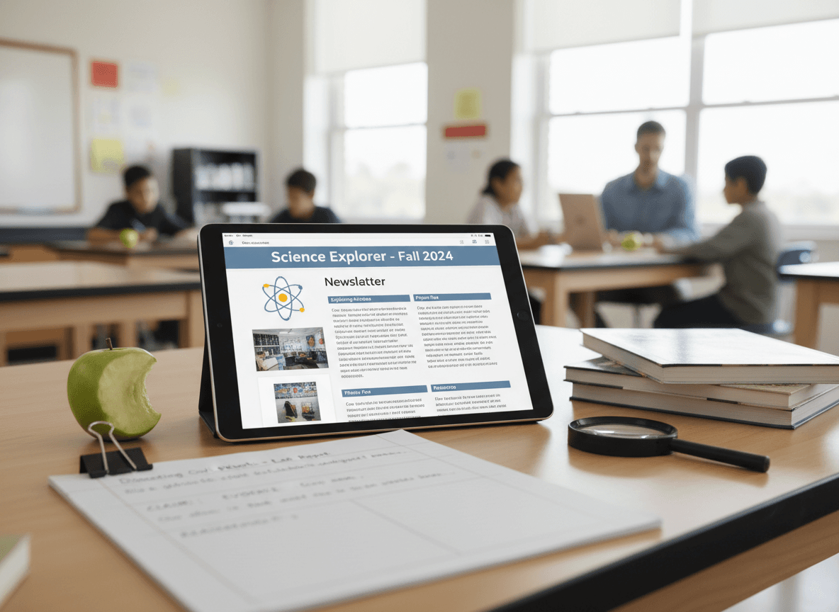 An eighth grade science newsletter on a tablet next to a student lab report with a claim, evidence, and reasoning section