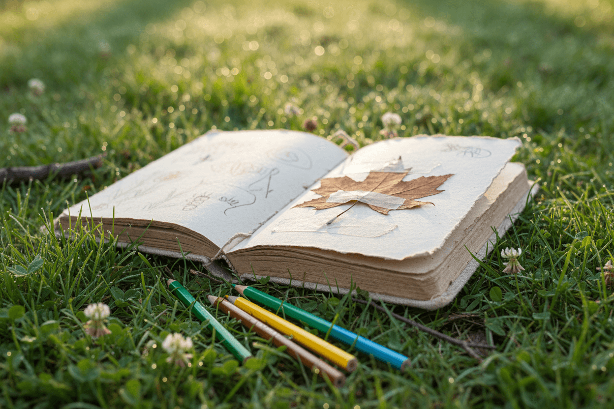 A printed elementary science newsletter on a kitchen counter next to a child's nature journal with leaf rubbings