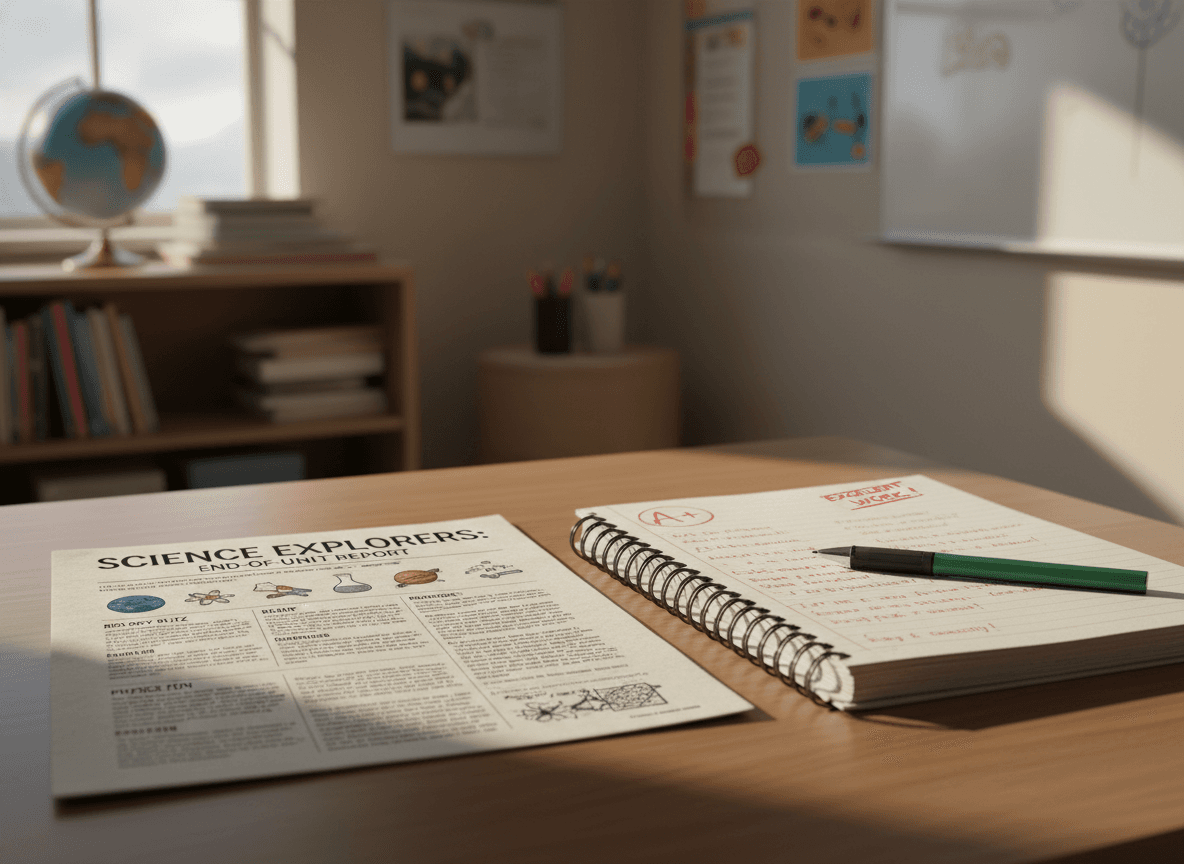 A printed end-of-unit science newsletter on a desk next to a graded lab notebook