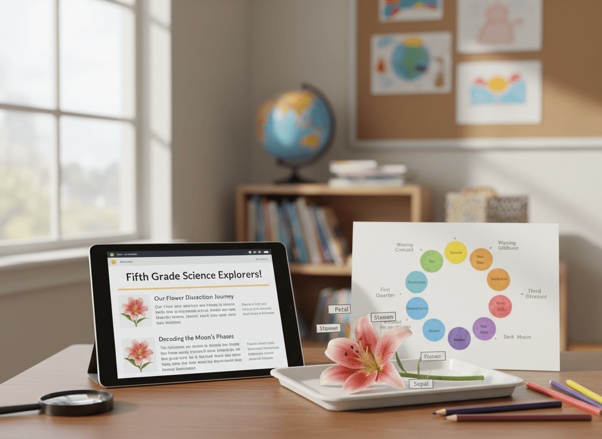 A fifth grade science newsletter on a tablet next to a labeled flower dissection and a moon phase chart