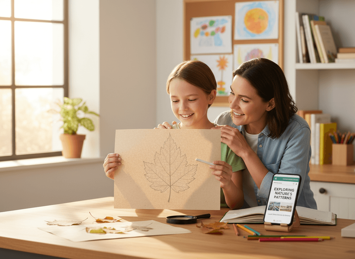 A child showing a parent an observation drawing of a leaf at a kitchen counter while a phone displays a science newsletter